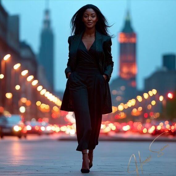 A well-refined opulent woman — a confident, stylish Black woman walking toward the camera in high-fashion attire, exuding power, elegance, and success.
