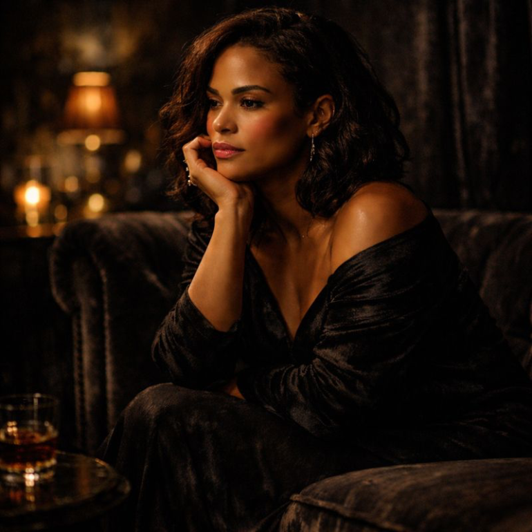 A moody lounge scene symbolizing healing in the shadow, featuring a woman sitting quietly in low light, surrounded by darkness, reflection, and emotional depth.