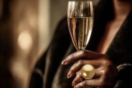 Black woman holding a champagne glass wearing a luxurious dark coat and statement ring, symbolizing clarity and confidence aligned with the Unfuckable Code lifestyle