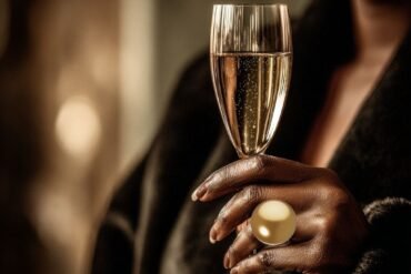 Black woman holding a champagne glass wearing a luxurious dark coat and statement ring, symbolizing clarity and confidence aligned with the Unfuckable Code lifestyle