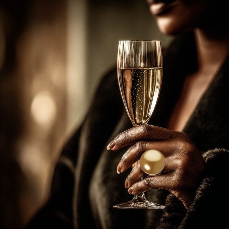 Black woman holding a champagne glass wearing a luxurious dark coat and statement ring, symbolizing clarity and confidence aligned with the Unfuckable Code lifestyle