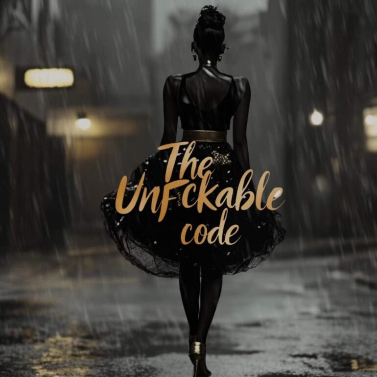 Silhouetted Black woman walking confidently through rain at night, wearing an elegant dress, symbolizing strength, clarity, and the Unfuckable Code mindset