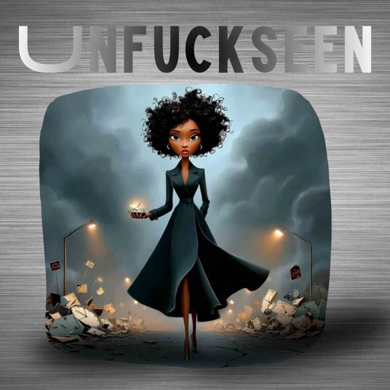 A powerful woman walking confidently through chaos in a dark green coat, holding shattered glass in her hand, surrounded by rubble and smoke — a visual representation of the “unfuckseen meaning,” where unexpected destruction becomes the start of transformation.
