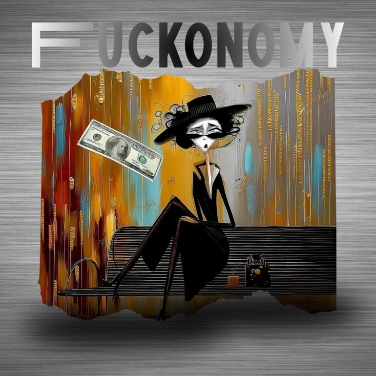 Stylized Tim Burton-inspired character sitting with a floating dollar bill, representing the fuckonomy meaning and mindset — the emotional budget of energy, patience, and tolerance.