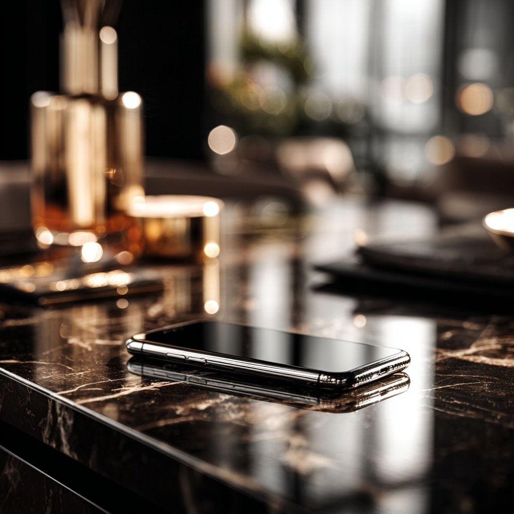 Close-up editorial image of a smartphone placed face down on a marble surface with warm lighting, symbolizing emotional discipline and silent power in dating psychology.
