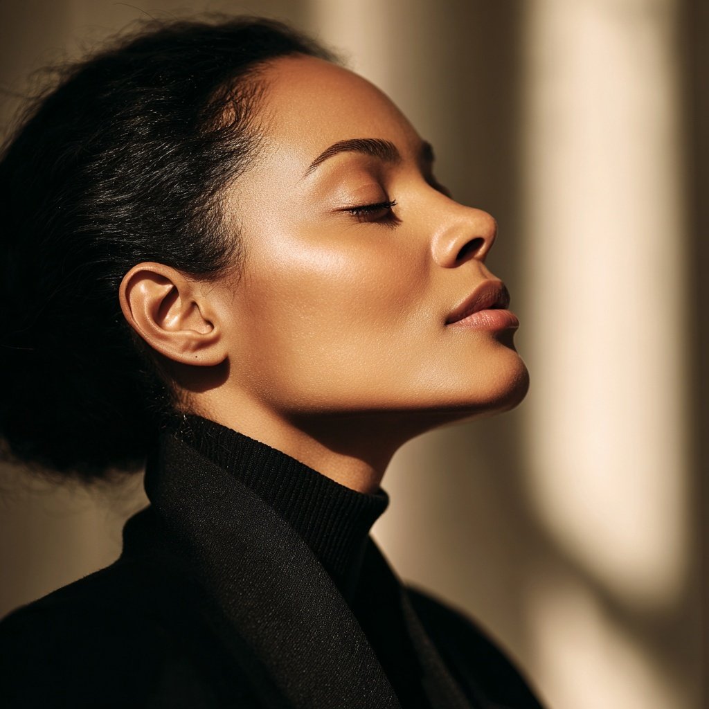 Close-up editorial image symbolizing emotional regulation for women, showing a composed woman with eyes closed in a softly lit luxury setting representing emotional discipline and psychological stability.